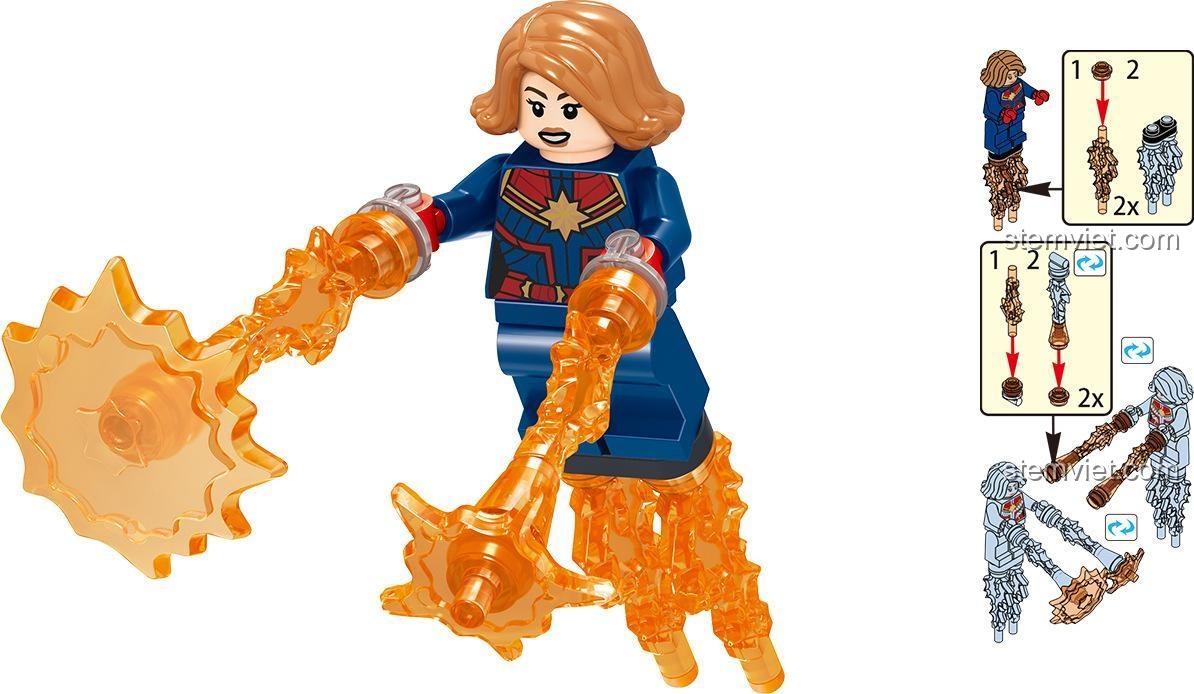 Hướng dẫn lắp ráp minifigure Captain Marvel trong bộ lắp ráp LELE 34095 Avengers 4 Hồi Kết, thể hiện chi tiết và dễ hiểu