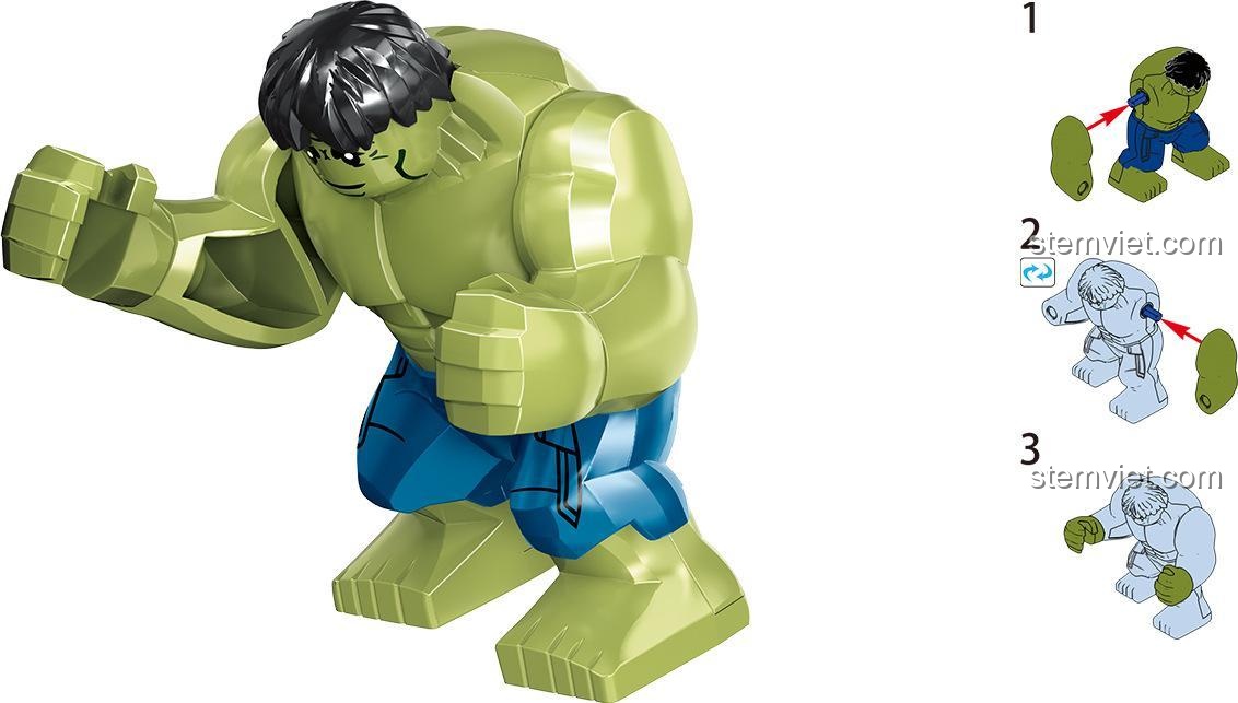 Hướng dẫn lắp ráp bigfig Hulk trong bộ đồ chơi LELE 34095 Avengers 4 Hồi Kết, chi tiết cơ bắp và trang phục