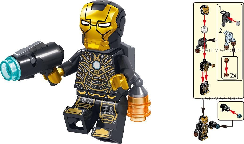 Hướng dẫn lắp ráp minifigure Iron Man MK41 trong bộ đồ chơi LELE 34095 Avengers 4 Hồi Kết, với giáp vàng đen độc đáo