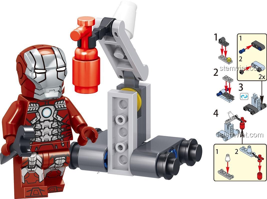 Hộp và hướng dẫn lắp ráp minifigure Iron Man MK5 trong bộ đồ chơi LELE 34095 Avengers 4 Hồi Kết, với bộ giáp vali đặc trưng
