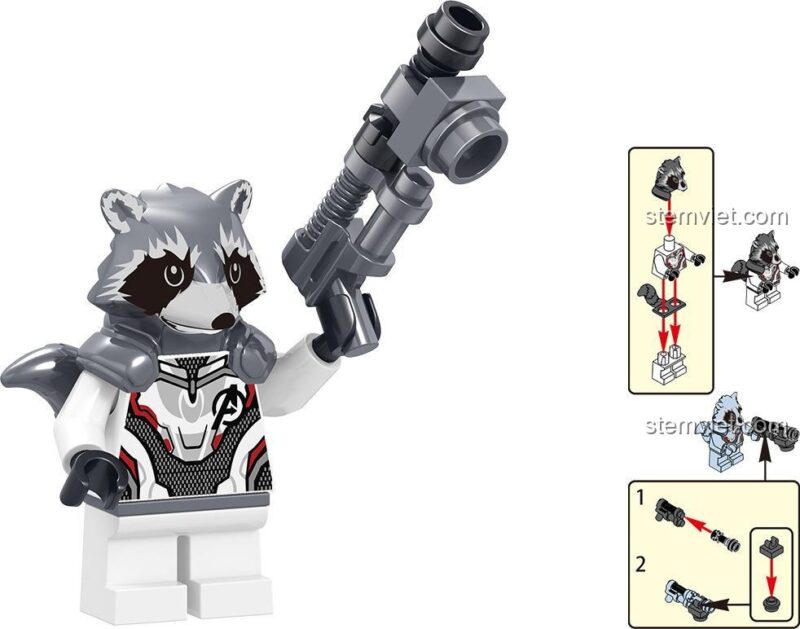 Hướng dẫn lắp ráp minifigure Rocket Raccoon trong bộ đồ chơi LELE 34095 Avengers 4 Hồi Kết, với súng và các chi tiết nhỏ