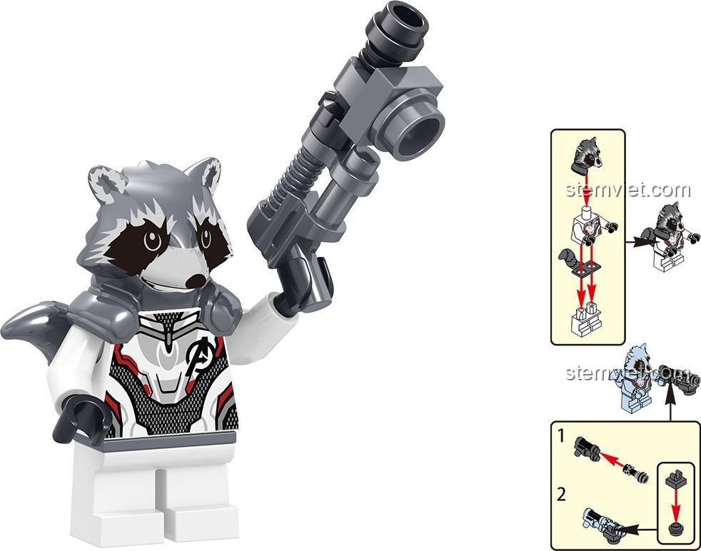 Hướng dẫn lắp ráp minifigure Rocket Raccoon trong bộ đồ chơi LELE 34095 Avengers 4 Hồi Kết, với súng và các chi tiết nhỏ