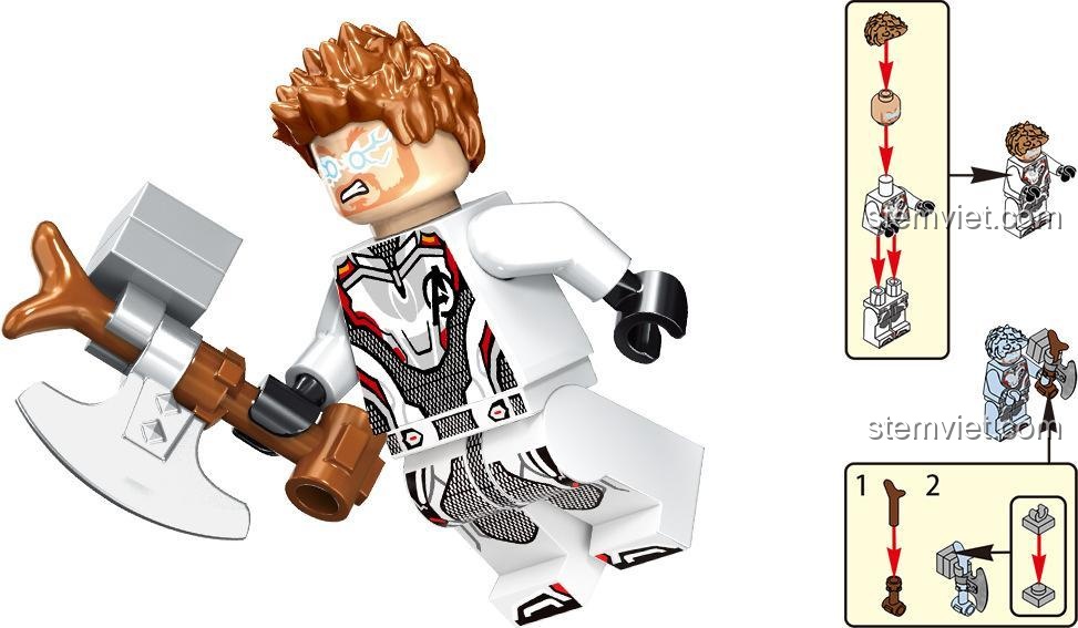 Hướng dẫn lắp ráp minifigure Thor với búa Stormbreaker trong bộ đồ chơi LELE 34095 Avengers 4 Hồi Kết, chi tiết từng mảnh