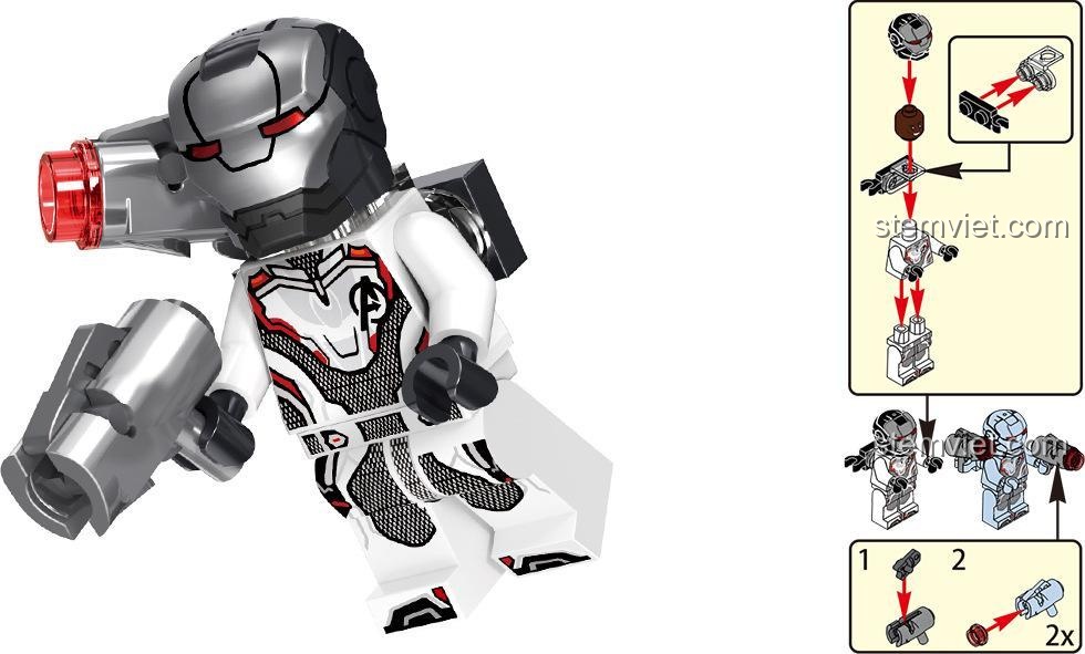 Hướng dẫn lắp ráp minifigure War Machine trong bộ lắp ghép LELE 34095 Avengers 4 Hồi Kết, thể hiện giáp và vũ khí