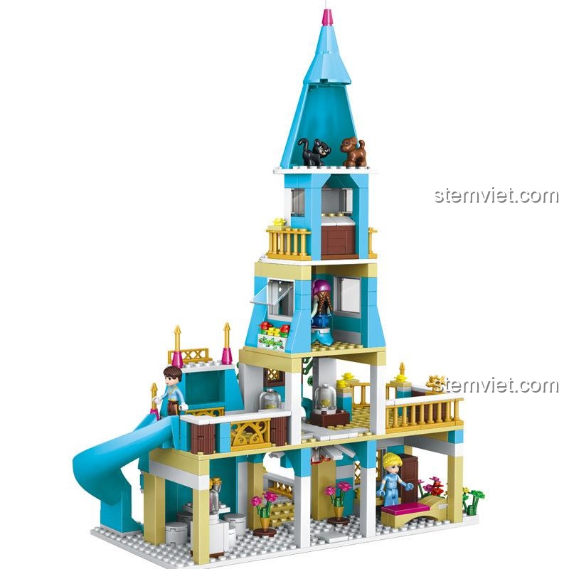 Mô hình hoàn chỉnh đồ chơi xếp hình Lele 37008 Lâu đài Nữ hoàng băng giá, với nhiều chi tiết và cầu trượt.