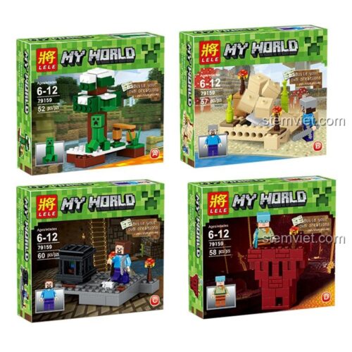 Chi tiết 4 hộp nhỏ của bộ đồ chơi xếp hình Cảnh pháo đài Minecraft 79159 với số mảnh ghép tương ứng: 52, 57, 60, 58.