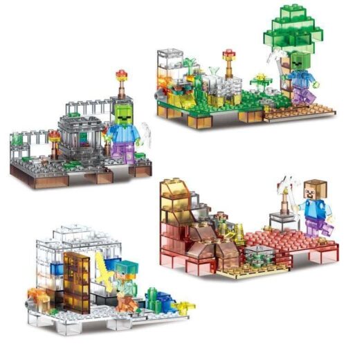 Bộ lắp ghép Thế giới Minecraft LELE 79272, đồ chơi xếp hình cho bé trai 6 tuổi, giá rẻ. Gồm 4 mô hình pha lê phát sáng.