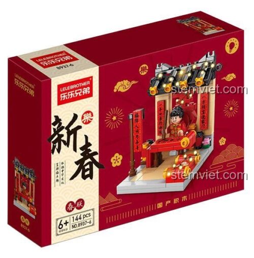 Hộp đồ chơi lắp ghép LELE BROTHER 8937-6 Mô hình Câu Đối Tết, thể hiện rõ số mảnh 144 và độ tuổi 6+, là món quà tiết kiệm cho bé.