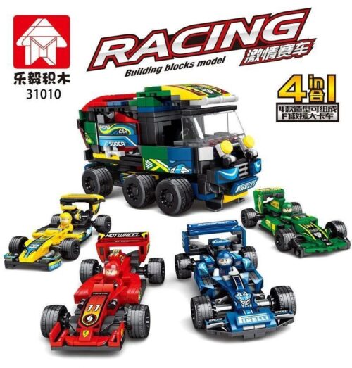Bộ lắp ráp LeYi 31010 Xe tải cứu hộ F1 và 4 xe đua Công thức 1, đồ chơi xếp hình sáng tạo cho bé trai 6 tuổi, giá rẻ.