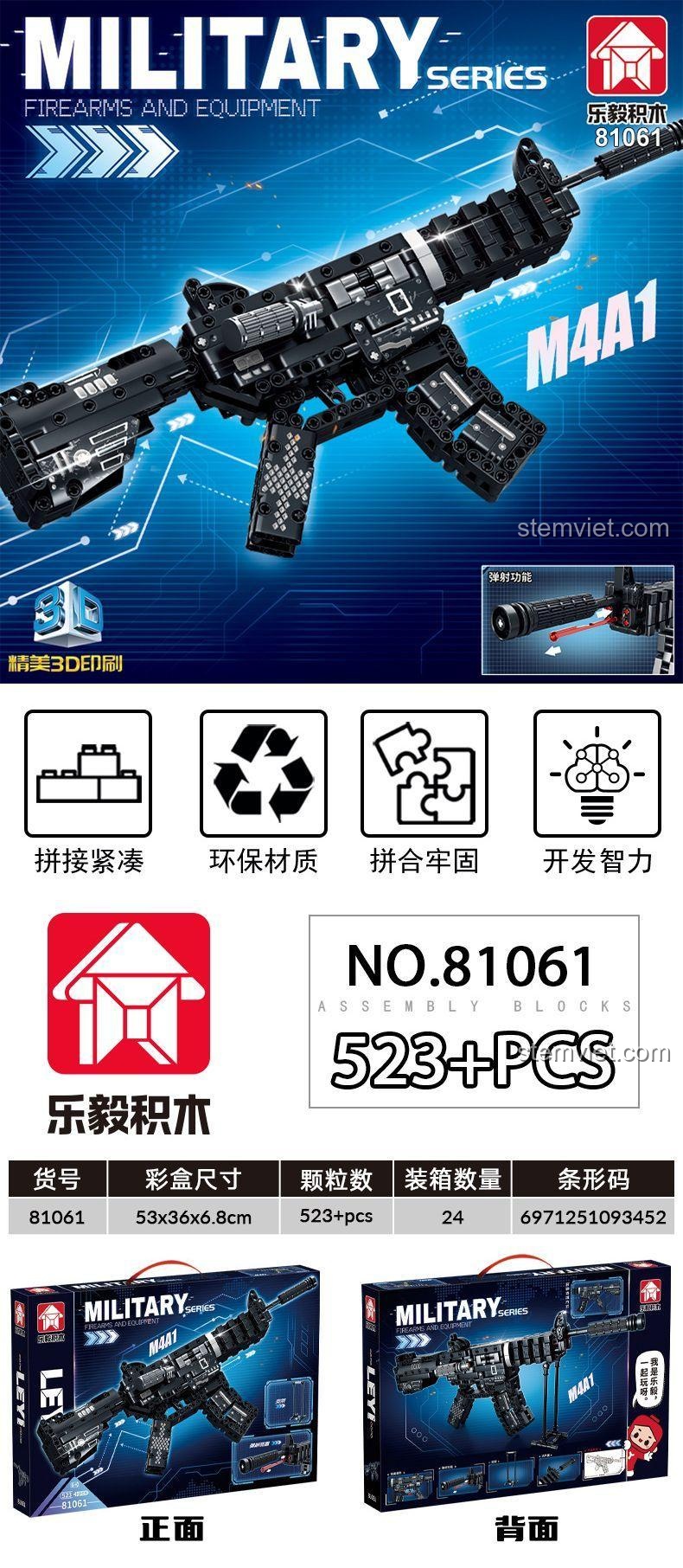 Mặt sau hộp đồ chơi mô hình Súng carbine M4A1 81061, hiển thị các tính năng nổi bật và thông số kỹ thuật.