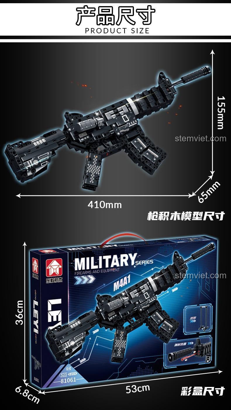 Kích thước thực tế của Súng trường M4A1 LeYi và hộp sản phẩm, giúp người mua dễ dàng hình dung.