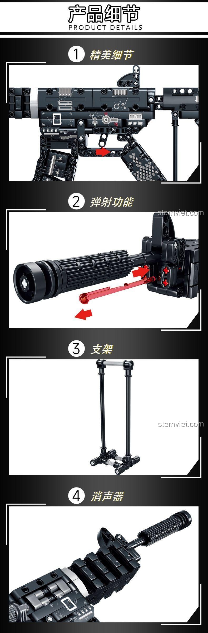 Chi tiết các tính năng của bộ xếp hình Súng trường tấn công M4A1, bao gồm cơ chế bắn đạn và phụ kiện.