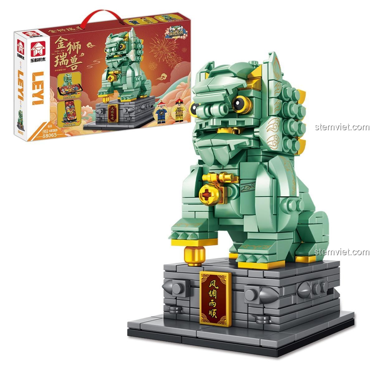 Bộ xếp hình LEYI 88065 Tượng Sư Tử Đá và hộp sản phẩm, món đồ chơi sáng tạo và trang trí bàn học.