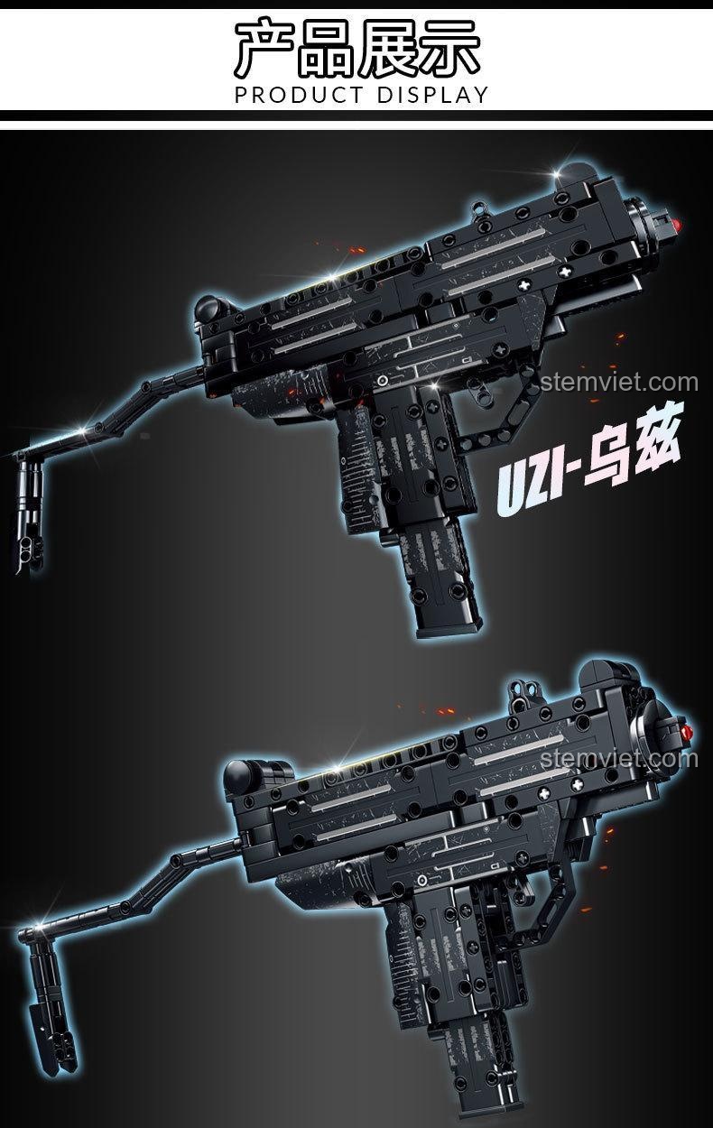 Hình ảnh trưng bày của Súng Uzi lắp ráp LEYI, thể hiện thiết kế đen tuyền mạnh mẽ và chi tiết.