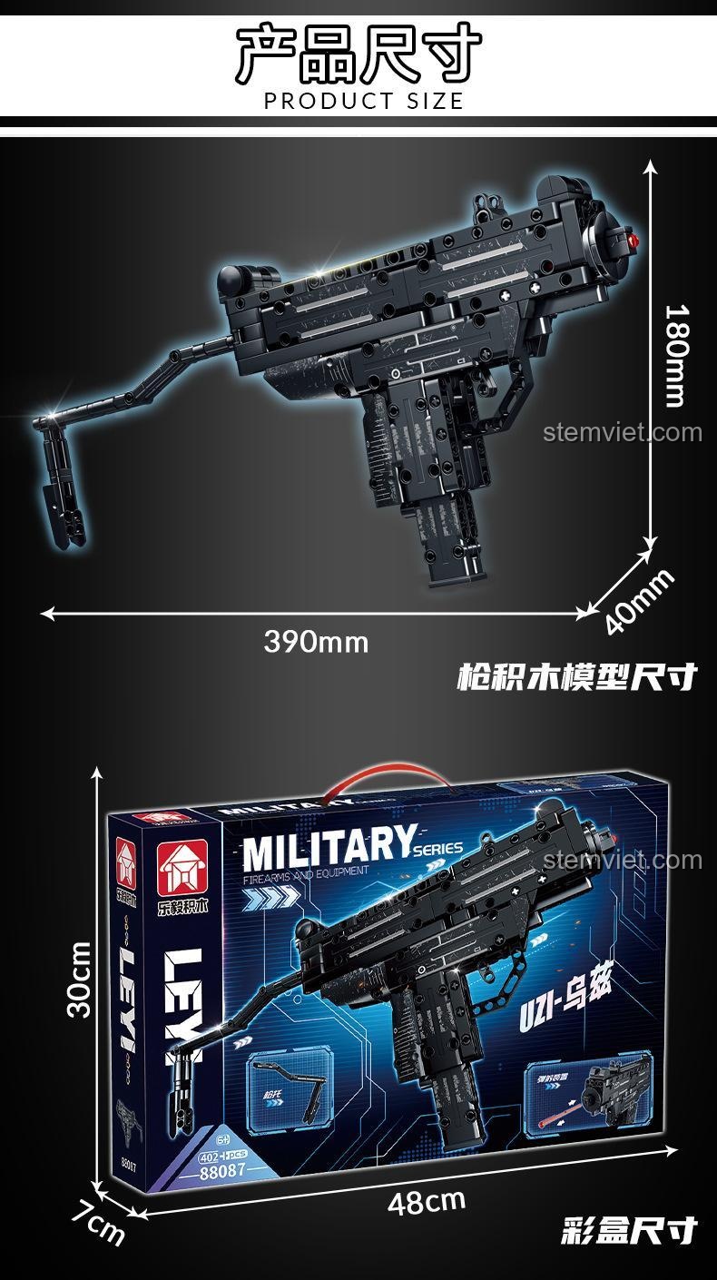 Ảnh so sánh kích thước của Mô hình súng Uzi 88087 và hộp đựng, giúp người mua dễ hình dung.