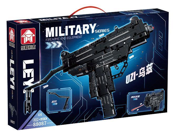 Hộp sản phẩm bộ lắp ráp Súng tiểu liên Uzi LEYI 88087, món đồ chơi hấp dẫn cho bé trai 6 tuổi.