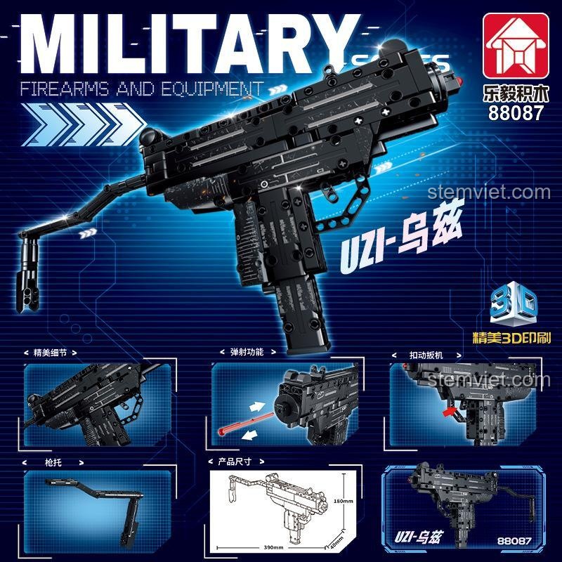Poster giới thiệu các tính năng của đồ chơi mô hình Khẩu Uzi 88087, bao gồm khả năng bắn đạn và các chi tiết tinh xảo.