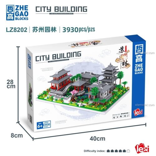 Hộp đồ chơi mô hình Kiến trúc Tô Châu Viên Lâm Zhe Gao LZ 8202 với 3930 chi tiết, kích thước hộp 40x28x8 cm, phù hợp bé 6 tuổi trở lên