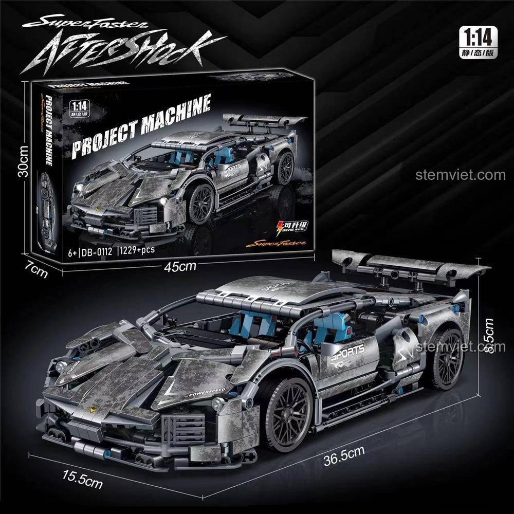 Kích thước chi tiết của đồ chơi mô hình Siêu xe Lamborghini Sián DB-0112, thể hiện tỉ lệ 1:14 và các chiều dài, rộng, cao, phù hợp cho bé trai 6 tuổi.