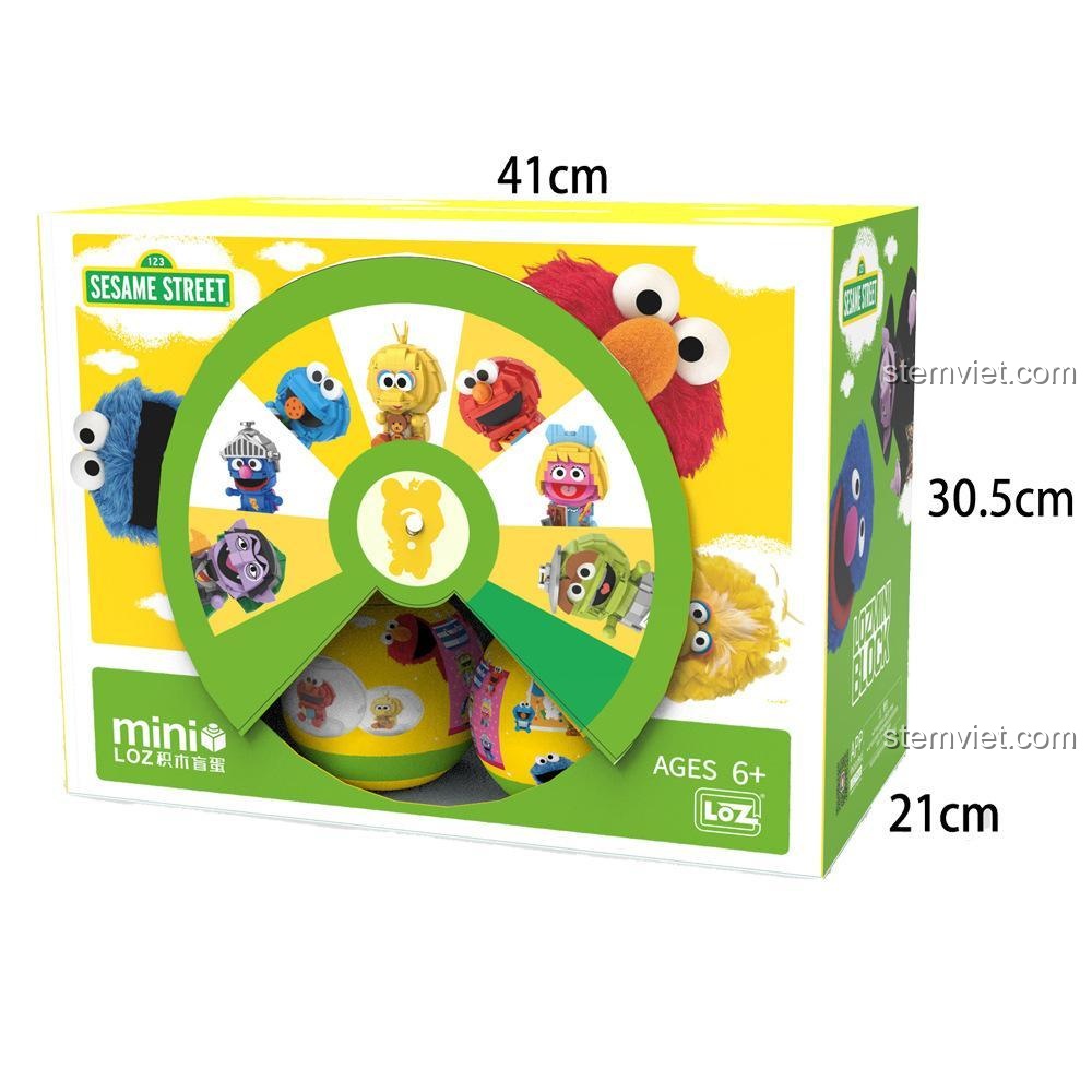Hộp đồ chơi LOZ 1313 Sesame Street Blind Box với kích thước 41x30.5x21cm. Bộ lắp ghép mini block chất lượng cao, an toàn cho bé 6 tuổi.