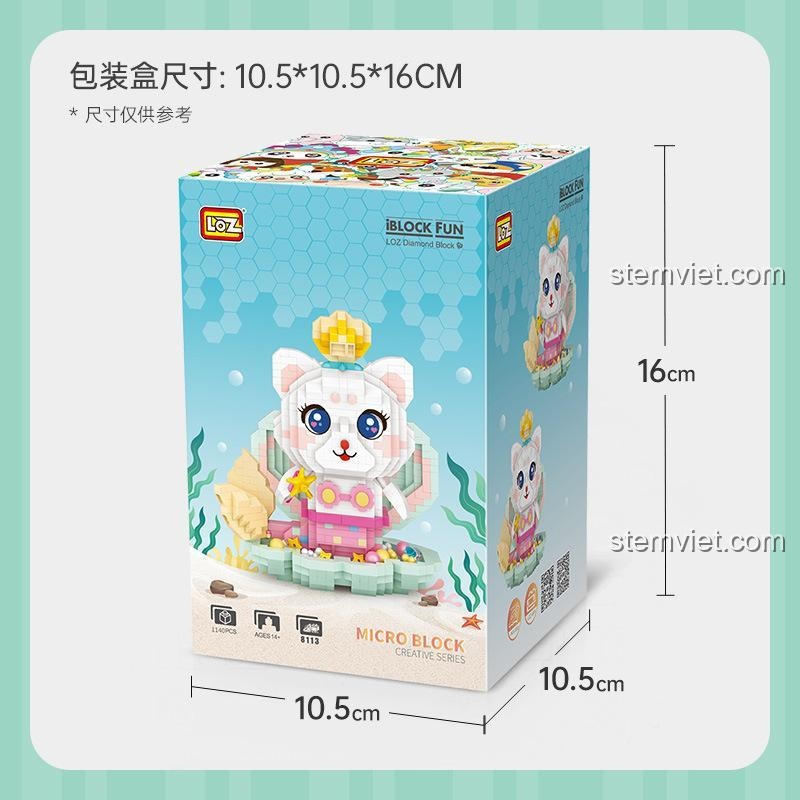 Hộp đồ chơi xếp hình LOZ 8113 Mèo Tiên Cá, món quà giá tốt cho bé gái.