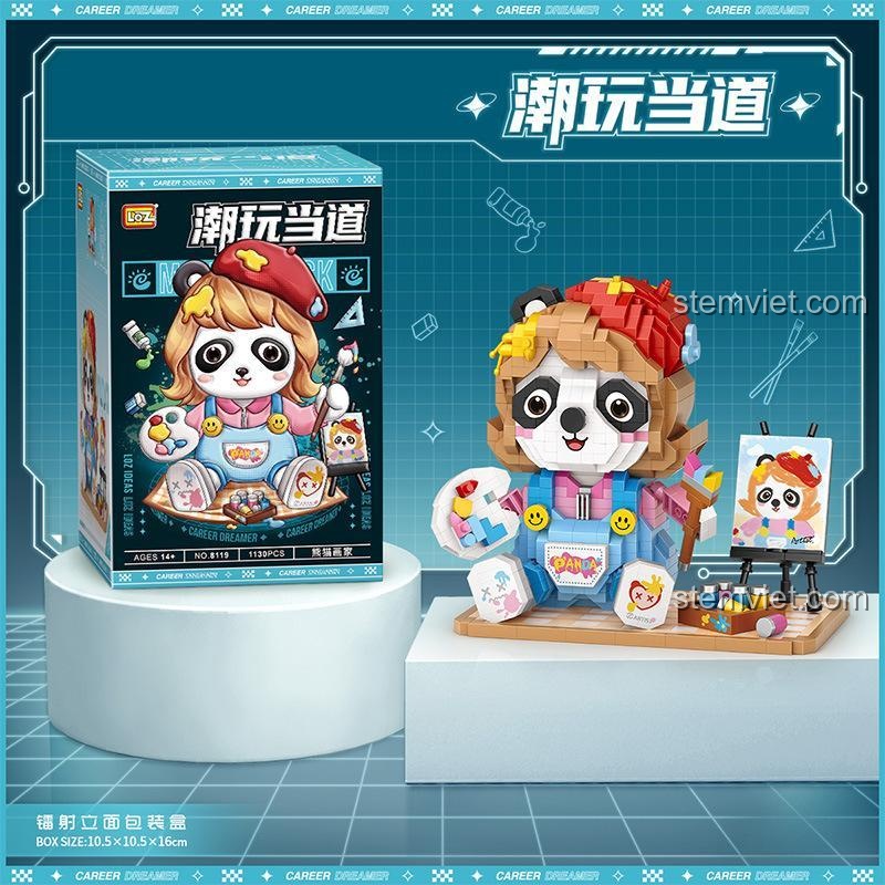 So sánh kích thước hộp và mô hình hoàn thiện của bộ xếp hình LOZ 8119 Gấu Trúc tập vẽ.