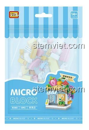 Hộp sản phẩm đồ chơi mô hình Tiệm hoa quả LOZ 8603. Gói chứa 120 chi tiết micro block, một bộ xếp hình LOZ phù hợp làm quà tặng.