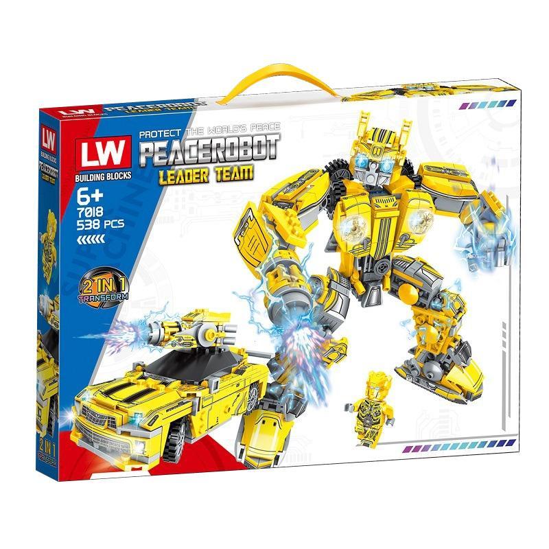 Hộp đồ chơi lắp ráp Robot Biến Hình Ong Vàng LW 7018 cho bé trai 6 tuổi, giá rẻ. Mô hình Transformer Bumblebee với 538 mảnh ghép.