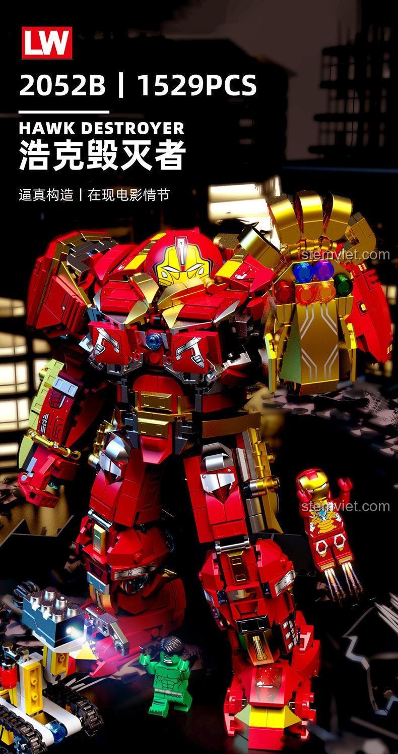 Hộp bộ đồ chơi Robot Hulkbuster LW Building Blocks 2052B, đồ chơi lắp ghép Mô Hình Người Sắt Hulkbuster 1529 mảnh