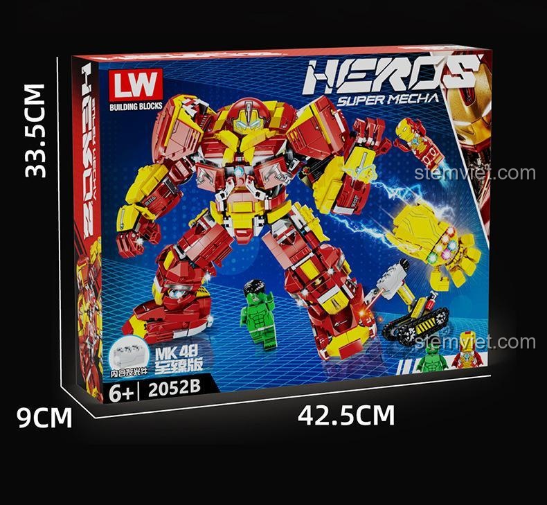 Kích thước hộp bộ lắp ráp LW Building Blocks 2052B Người Hủy Diệt Hulk MK-48, đồ chơi mô hình Hulkbuster MK-48