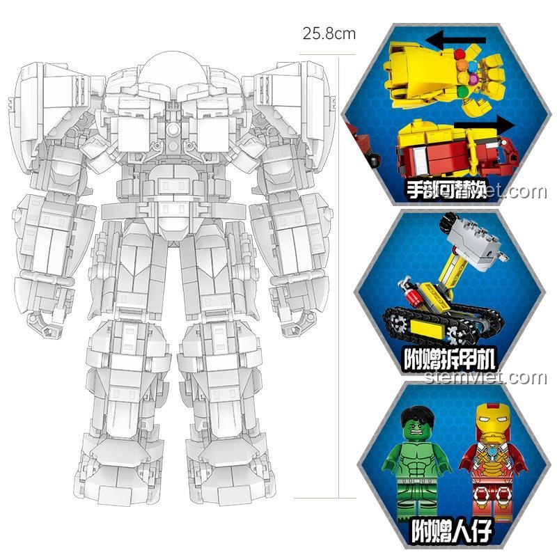 Kích thước mô hình Người Hủy Diệt Hulk MK-48 LW Building Blocks 2052B, đồ chơi mô hình Hulkbuster MK-48 cho bé trai 6 tuổi
