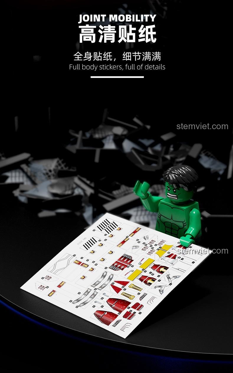 Chi tiết miếng dán của bộ đồ chơi Robot Hulkbuster LW Building Blocks 2052B, đồ chơi lắp ghép Mô Hình Người Sắt Hulkbuster