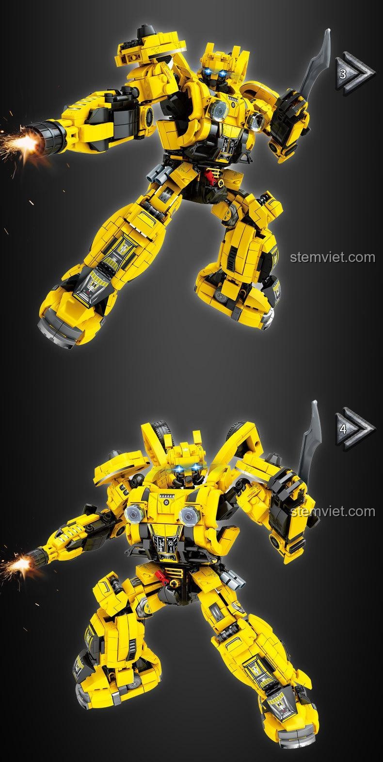 Các tư thế hành động khác nhau của đồ chơi lắp ghép Chiến binh Autobot Bumblebee, thể hiện sự linh hoạt của các khớp.