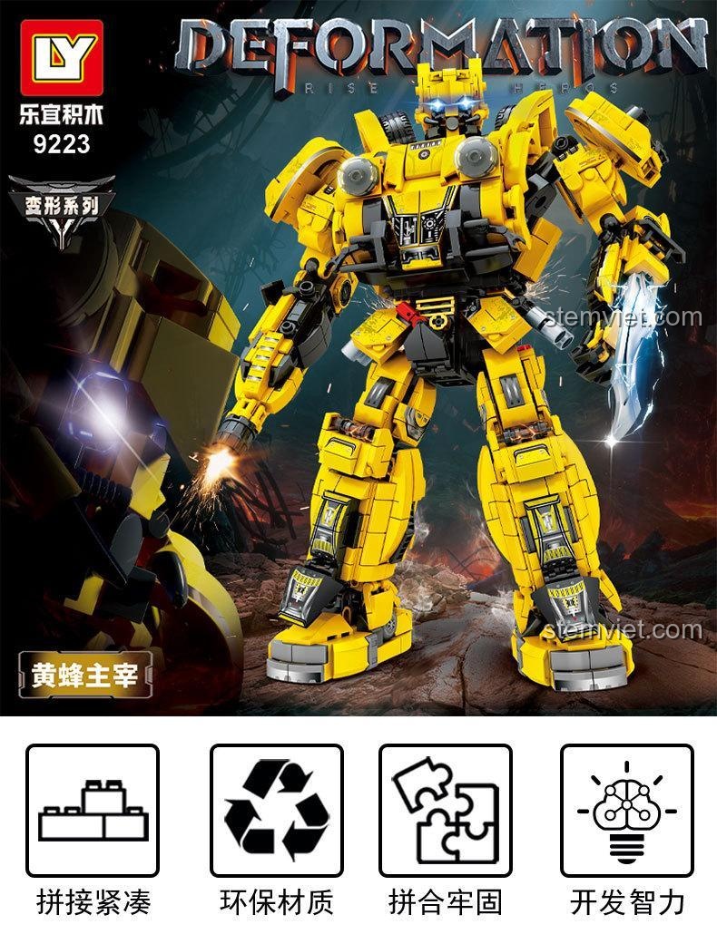 Poster quảng cáo đồ chơi mô hình LY 9223, nhấn mạnh các đặc điểm nổi bật như lắp ghép khít và phát triển trí tuệ.