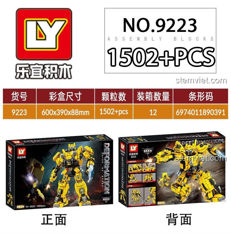 Thông số kỹ thuật chi tiết của bộ xếp hình Bumblebee Transformers mã 9223, bao gồm kích thước hộp và số lượng mảnh ghép.