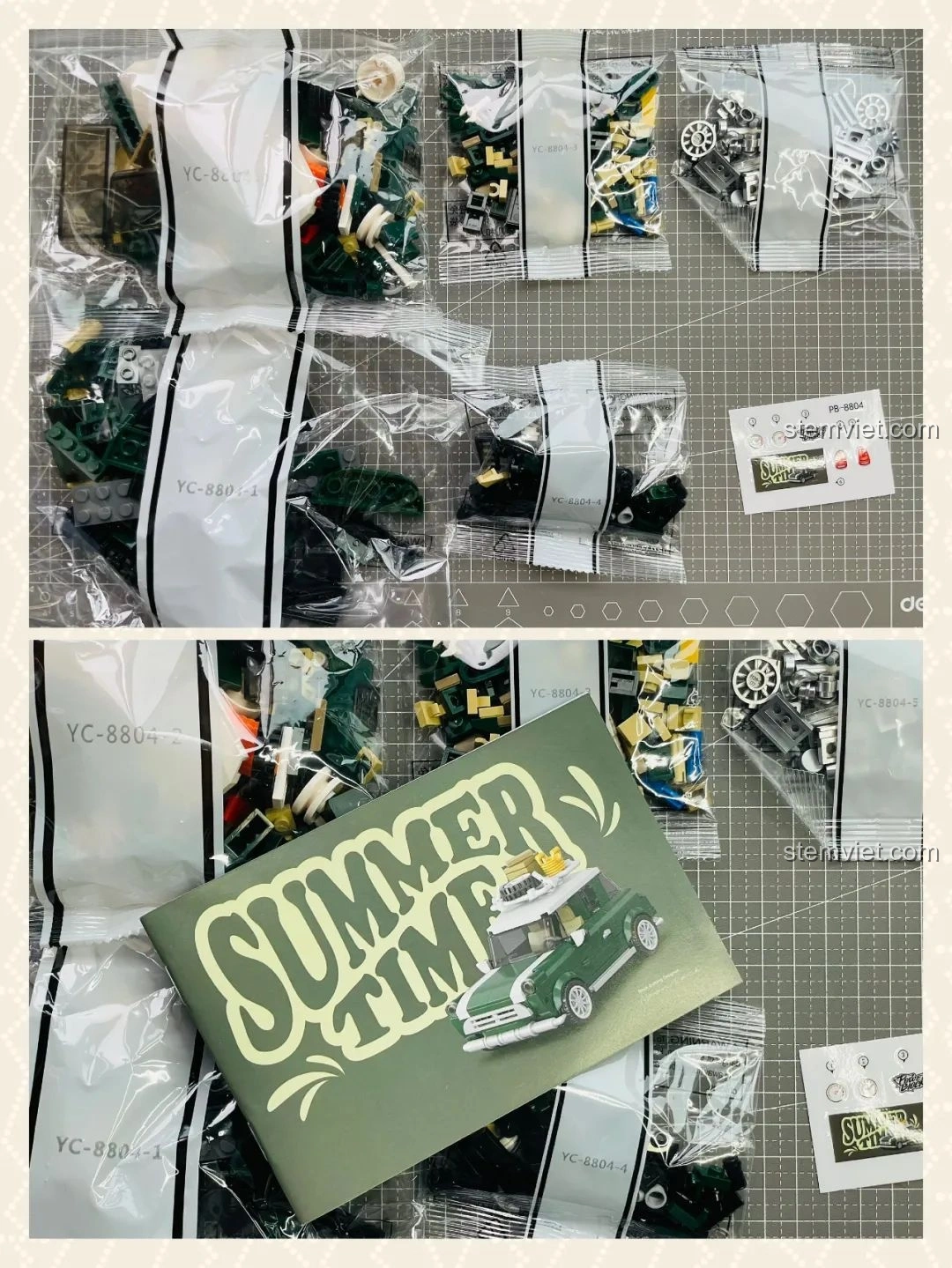 Các túi mảnh ghép và sách hướng dẫn lắp ráp của bộ đồ chơi Power Block PB8804 Xe MINI Camper Thời Gian Hè, sẵn sàng cho quá trình lắp ráp.