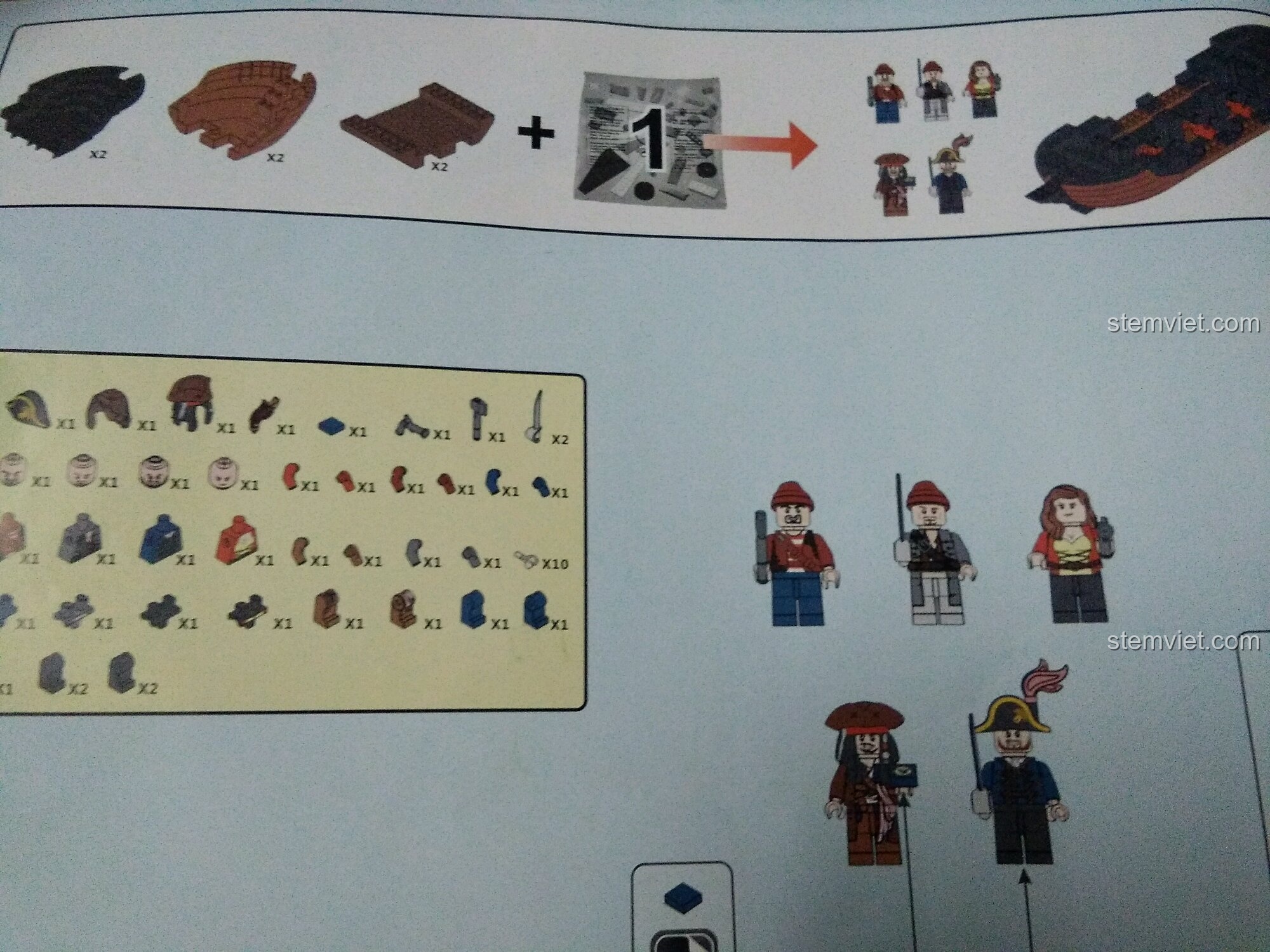 Các túi mảnh ghép và chi tiết thân tàu cho bước 1 của bộ GUDI 9115 Tàu Ngọc Trai Đen.