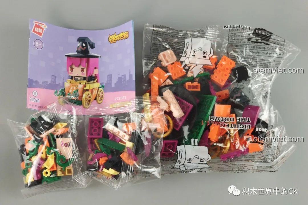 Các túi mảnh ghép và sách hướng dẫn cho mô hình Xe bí ngô của Lilith từ bộ sưu tập xe Mini World QMAN.