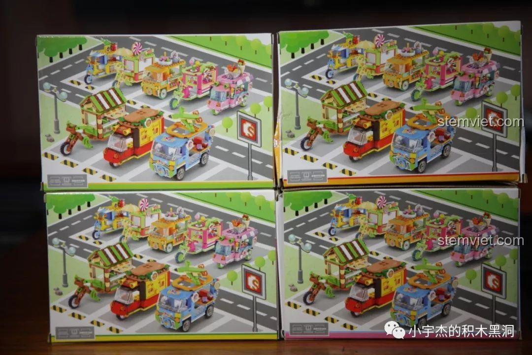 Mặt sau của hộp bộ lắp ráp Xe bán hàng rong mini Sembo, hiển thị tất cả các mẫu trong series.