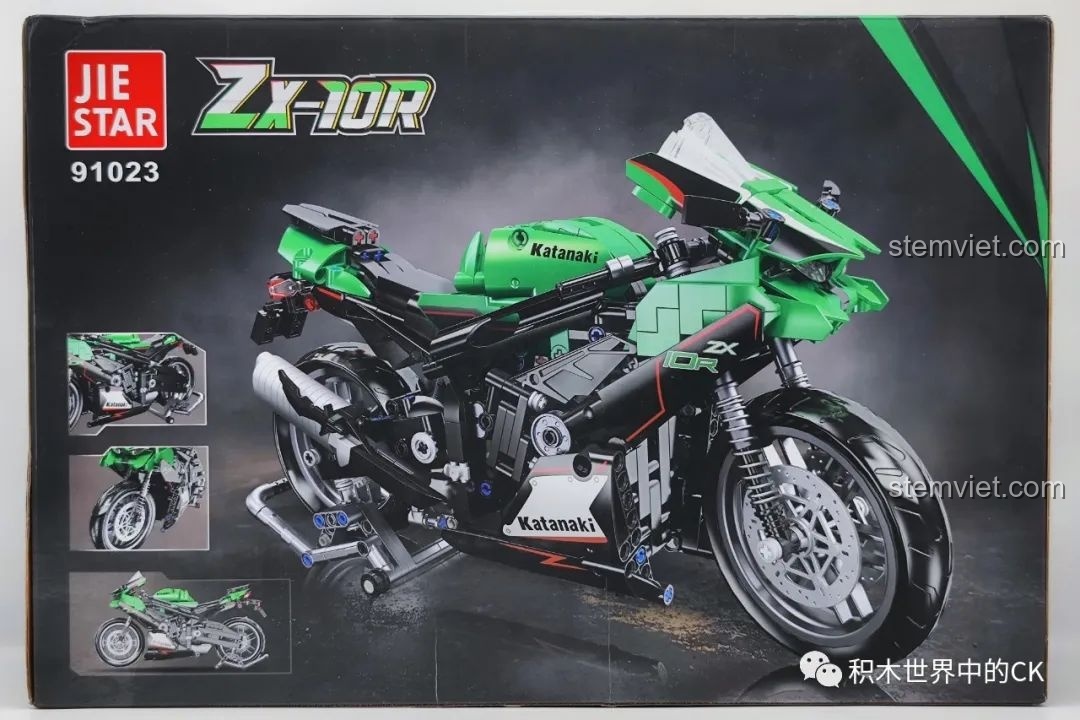 Mặt sau hộp bộ lắp ráp Chiến mã tốc độ Ninja ZX-10R 91023, hiển thị các chi tiết và góc nhìn khác nhau.