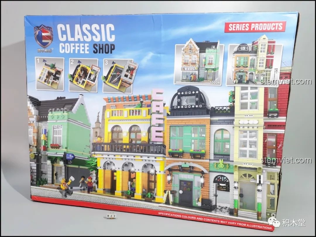 Mặt sau hộp bộ xếp hình Kiến trúc Cafe Havana, giới thiệu các mô hình khác trong cùng series nhà phố.