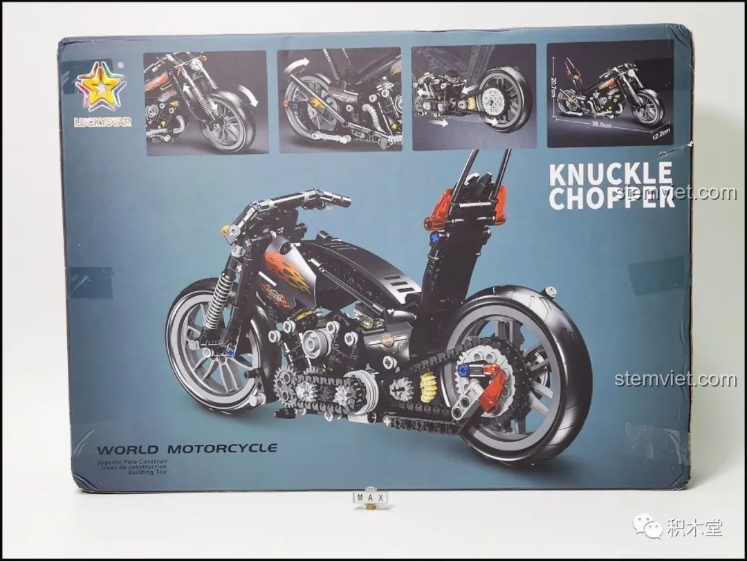 Mặt sau hộp bộ xếp hình Xe máy phân khối lớn cổ điển Lucky Star 50024, mô tả các tính năng nổi bật.