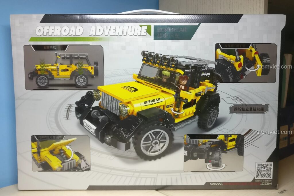 Mặt sau hộp đồ chơi xếp hình Xingbao XB-03024 Xe Jeep địa hình, hiển thị các tính năng như hệ thống treo và mui xe có thể mở.