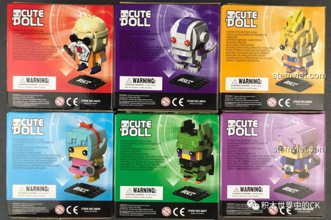 Mặt sau các hộp của bộ lắp ráp Decool Dragon Ball, hiển thị thông tin sản phẩm và cảnh báo an toàn cho trẻ.