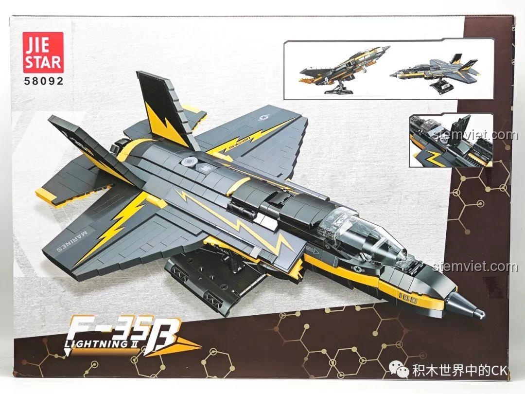 Mặt sau hộp đồ chơi lắp ghép Tiêm kích tàng hình F-35B cho bé trai trên 8 tuổi, mô tả các tính năng và góc nhìn khác nhau.