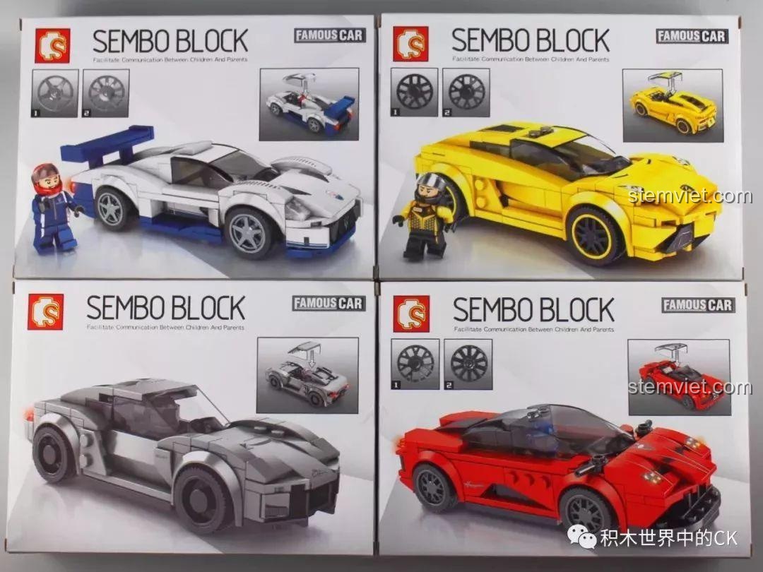 Mặt sau của bốn hộp đồ chơi lắp ráp siêu xe Sembo Block, hiển thị các góc nhìn khác nhau của từng mẫu xe.