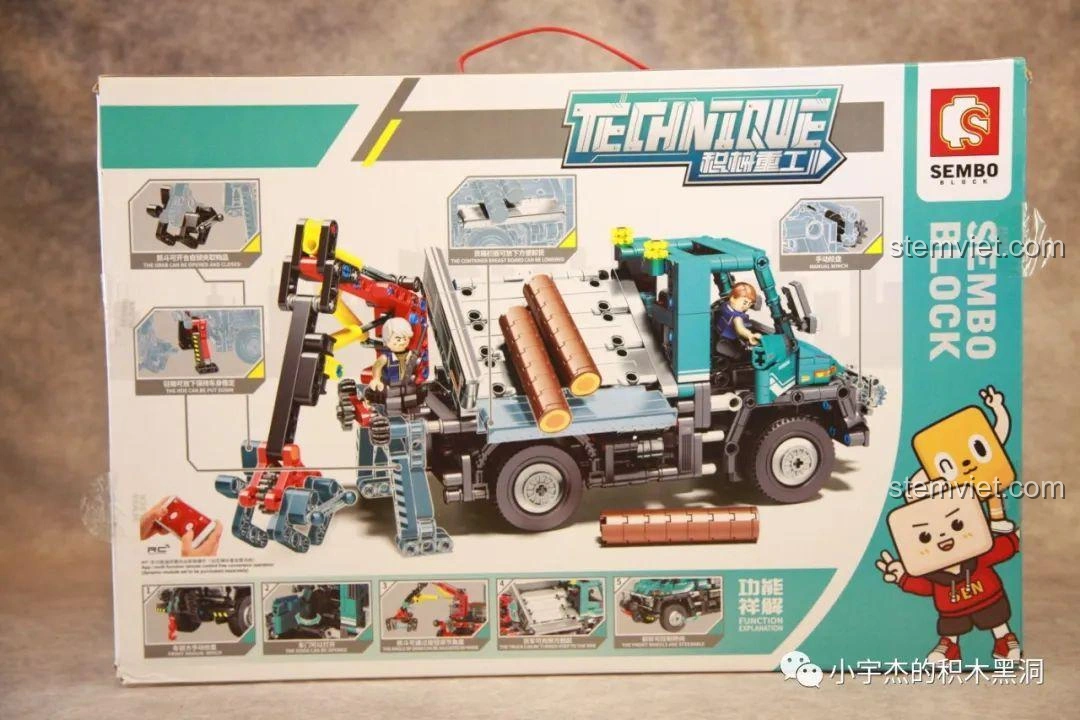 Mặt sau hộp đồ chơi lắp ráp Xe tải công trình Unimog U400 SEMBO Block 720900, minh họa các tính năng chính.