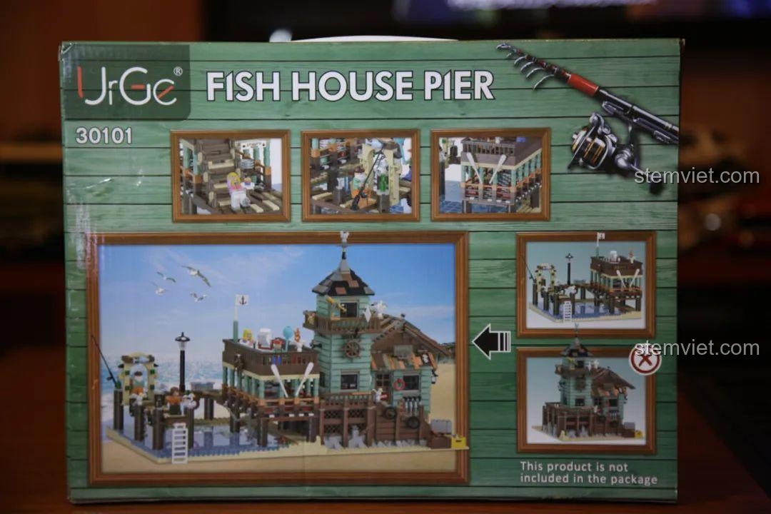 Mặt sau hộp bộ đồ chơi Nhà hàng trên cầu tàu 30101, hiển thị các góc chi tiết và lưu ý không kèm bộ Ngôi nhà Ngư Phủ.