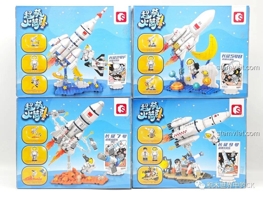 Mặt sau của bốn hộp đồ chơi Sembo Tên Lửa, hiển thị các mô hình hoàn chỉnh và các chi tiết đi kèm trong mỗi bộ.