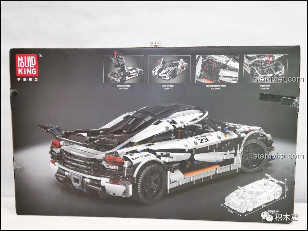 Mặt sau hộp đồ chơi Technic Mô hình Koenigsegg One:1 Mould King, mô tả các chức năng và chi tiết của xe.